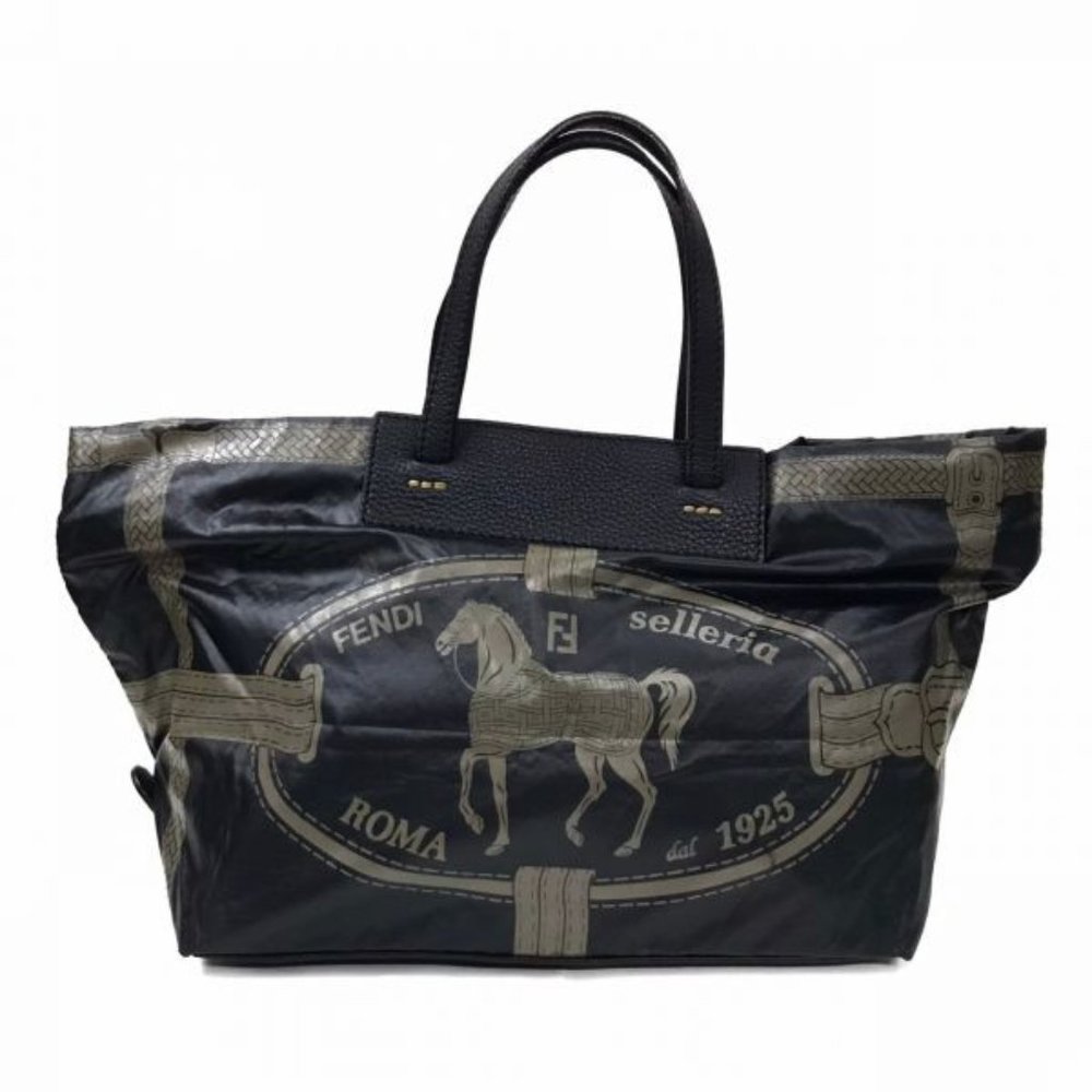 Fendi Selleria Black Foldable Leather and Coated Nylon Tote